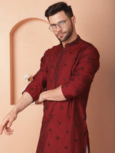 Men's Collar Chikankari Embroidered Kurtas-KO-5056Maroon
