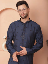 Men's Collar Chikankari Embroidered Kurtas-KO-5056Navy