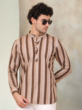 Men's Beige Striped Short Kurtas-KO-5078Beige