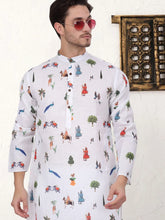 Men's Animal Printed Pure Cotton Straight Kurtas-KO-5079White