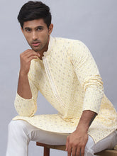 Men's Yellow Chikankari Embroidered and Sequence Kurtas-KO-5094Yellow