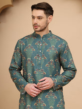 Printed Silk Blend Straight Kurtas for Men ( KO 5259 Green )