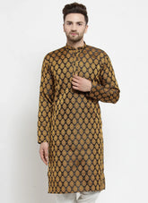 Men Black-Colored & Golden Self Design Kurta Only ( KO 586 Black )-KO-586