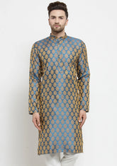 Men Blue-Colored & Golden Self Design Kurta Only ( KO 586 Blue )-KO-586
