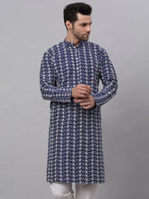 Men Navy Blue Embroidered Dupion Silk Kurtas ( KO 633Navy )-KO-633