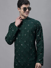 Men's Olive Green Embroidered Mirror Work Kurtas-KO-646