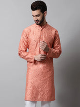 Men Peach Embroidered Mirror Work Dupion Silk Kurtas ( KO 659Peach )-KO-659