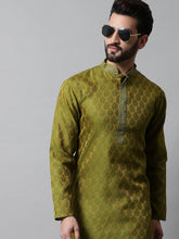 Men Olive Green and White Woven Design Kurtas ( KO 663Olive )-KO-663