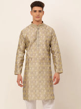 DesiQlo Men's Beige Collar Embroidered Woven Design Kurta Pajama ( KO 672 Beige )
