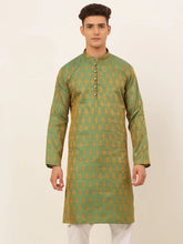 DesiQlo Men's Green and Golden Woven Design Kurta Only ( KO 674 Green )