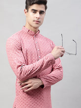 Men Coral Red Chikankari Embroidered and Sequence Kurtas-KO-678