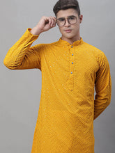 Men Mustard Embroidered Sequinned Kurtas