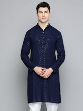 Men Navy Blue Embroidered Sequinned Kurta with Churidar ( JOKP 680Navy )-JOKP-680