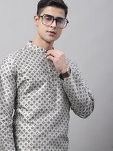 Men's Grey Printed Silk Blend Kurtas-KO-686