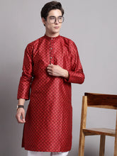 Men's Maroon Printed Silk Blend Kurta
