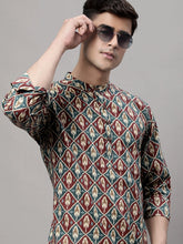 Men's Blue and Maroon Ikkat Printed Short Kurtas-KO-688