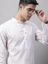 Men's White and Multi Coloured Embroidered Straight Kurtas-KO-689