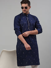 Men's Navy Blue Embroidered Straight Kurta Only