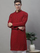 Men's Maroon Chikankari Embroidered and Sequence Kurtas-KO-695