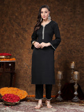 Women's Black Solid & Embroidered Italian Crepe Straight Kurta Pant Set-KPBLACKSANKARI