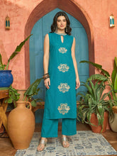 Stylum Women's Blue Solid & Embroidered Cotton Straight Kurta Pant Set (KPBLUECIPLA)