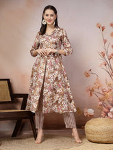 Women's Floral Printed Cotton Blend A-Line Kurta and Pant Set-KPBROWNSURBHI