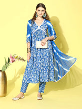Women's Floral Printed Cotton Naira Cut Kurta Pant Dupatta Set-KPDALIABLUE