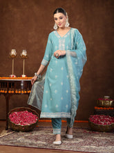 Women's Aqua Ethnic Motif Khadi Printed & Embroidered Rayon Straight Kurta Pant Dupatta Set-KPDAQUAGAJEEBO