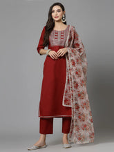 Women's Embroidered Cotton Blend Straight Kurta Pant Dupatta Set-KPDBAAG