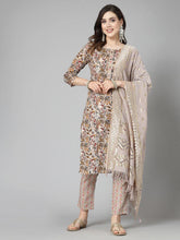 Women's Floral Printed Cotton Blend Straight Kurta Pant Dupatta Set-KPDBEIGEDANGAL