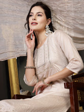 Women's Beige Woven Design & Embroidered Silk Blend Straight Kurta Pant Dupatta Set-KPDBEIGELAZER