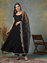 Women's Black Solid Rayon Tiered Kurta Pant Dupatta Set-KPDBLACKBAR