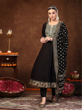 Women's Black Solid & Embroidered Rayon Anarkali Kurta Pant Dupatta Set-KPDBLACKBARLEY