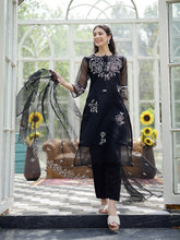 Stylum Women's Black Solid & Embroidered Cotton Straight Kurta Pant Dupatta Set (KPDBLACKPITHORA)
