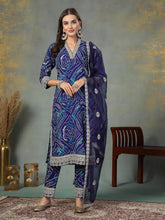 Women's Blue Bandhani Print & Embroidered Muslin Straight Kurta Pant Dupatta Set-KPDBLUEBANNO