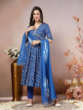 Women's Bandhej Printed Rayon Alia Cut Kurta Pant Dupatta Set-KPDBLUECHARLI