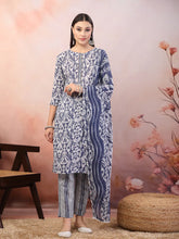 Women's Blue Printed Cotton Straight Kurta Pant Dupatta Set-KPDBLUEPATU
