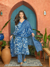 Stylum Women's Blue Floral Printed Cotton Blend Straight Kurta Pant Dupatta Set (KPDBLUEPHUGLI)