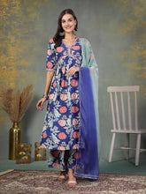 Women's Blue Floral Printed & Embroidered Rayon Alia Cut Kurta Pant Dupatta Set-KPDBLUETACO