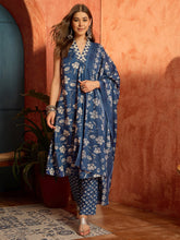 Stylum Women's Blue Floral Printed Cotton A-Line Kurta Pant Dupatta Set (KPDBLUETARIJ)