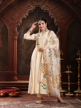 Stylum Women's Cream Solid & Embroidered Roman Silk A-Line Kurta Pant Dupatta Set (KPDCREAMNAWAL)