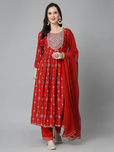 Women's Printed & Embroidered Naira Cut Kurta Pant Dupatta Set-KPDGERMANRED