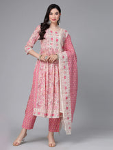 Women's Floral Printed Cotton Naira Cut Kurta Pant Dupatta Set-KPDGOHER