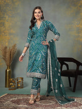 Women's Green Bandhani Print & Embroidered Muslin Straight Kurta Pant Dupatta Set-KPDGREENBANNO