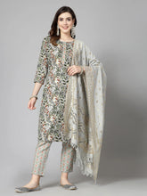 Women's Floral Printed Cotton Blend Straight Kurta Pant Dupatta Set-KPDGREENDANGAL