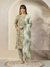 Women's Green Tropical Printed Cotton Blend Straight Kurta Pant Dupatta Set-KPDGREENTAANI