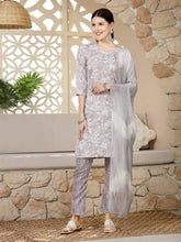 Women's Grey Tropical Printed Silk Blend Straight Kurta Pant Dupatta Set-KPDGREYPEARL