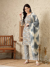 Women's Grey Tropical Printed Cotton Blend Straight Kurta Pant Dupatta Set-KPDGREYTAANI