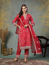 Women's Pink Bandhani Print & Embroidered Muslin Straight Kurta Pant Dupatta Set-KPDPINKBANNO