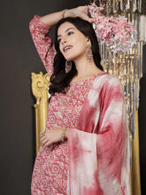 Women's Pink Ethnic Printed Cotton Blend Straight Kurta Pant Dupatta Set-KPDPINKJUNA